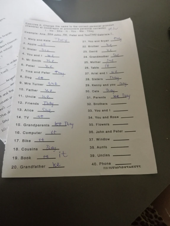 Exercise 2: Change the name to the correct personal pronoun (Cambiar el nombre por el pronombre personal correcto)