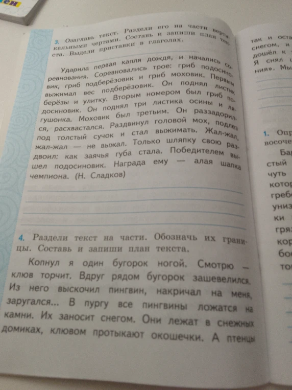 Озаглавь текст. Раздели его на части вертикальными чертами. Составь и запиши план текста. Выдели приставки в глаголах.