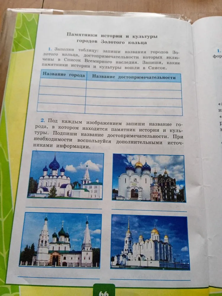 Памятники истории и культуры городов Золотого кольца. 1. Заполни таблицу: запиши названия городов Золотого кольца, достопримечательности которых включены в Список Всемирного наследия.
