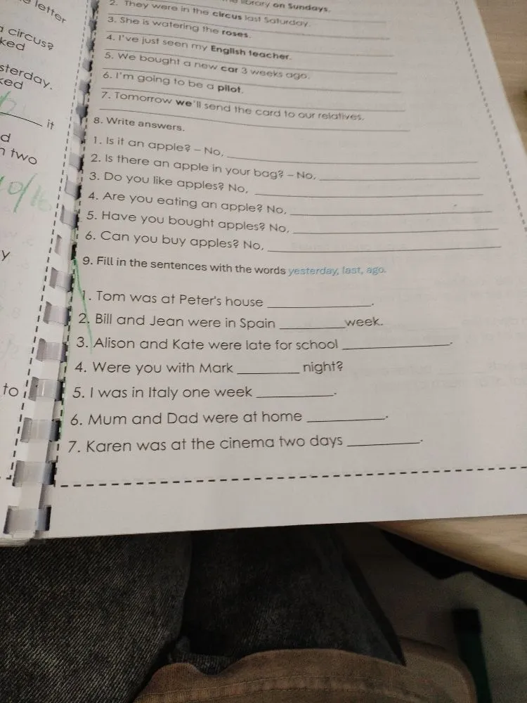 8. Write answers. 1. Is it an apple? – No, 2. Is there an apple in your bag? – No, 3. Do you like apples? No, 4. Are you eating an apple? No, 5. Have you bought apples? No, 6. Can you buy apples? No,