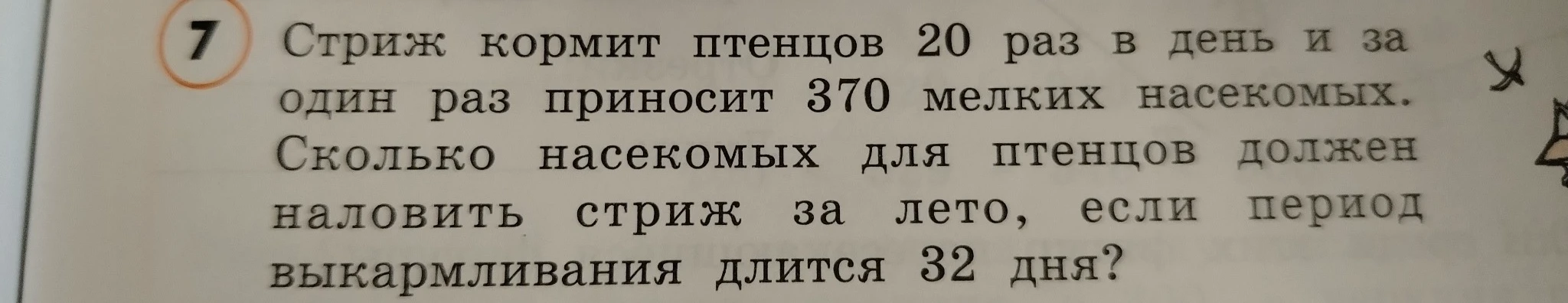 Стриж кормит птенцов 20 раз в день и за один раз приносит 370 мелких насекомых. Сколько насекомых для птенцов должен наловить стриж за лето, если период выкармливания длится 32 дня?