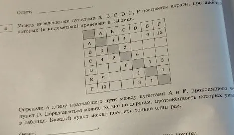 Определите длину кратчайшего пути между пунктами А и F, проходящего через пункт D. Передвигаться можно только по дорогам, протяжённость которых указана в таблице. Каждый пункт можно посетить только один раз.