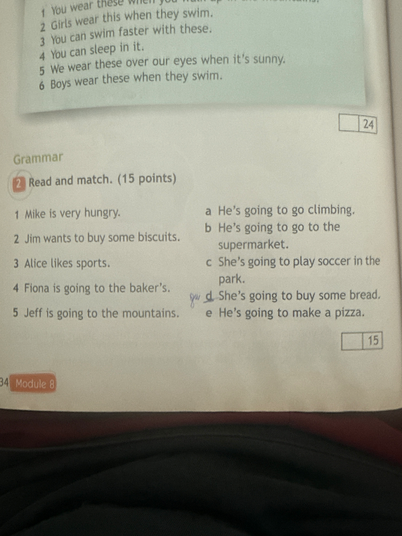 Read and match. (15 points) 1 Mike is very hungry. 2 Jim wants to buy some biscuits. 3 Alice likes sports. 4 Fiona is going to the baker's. 5 Jeff is going to the mountains.