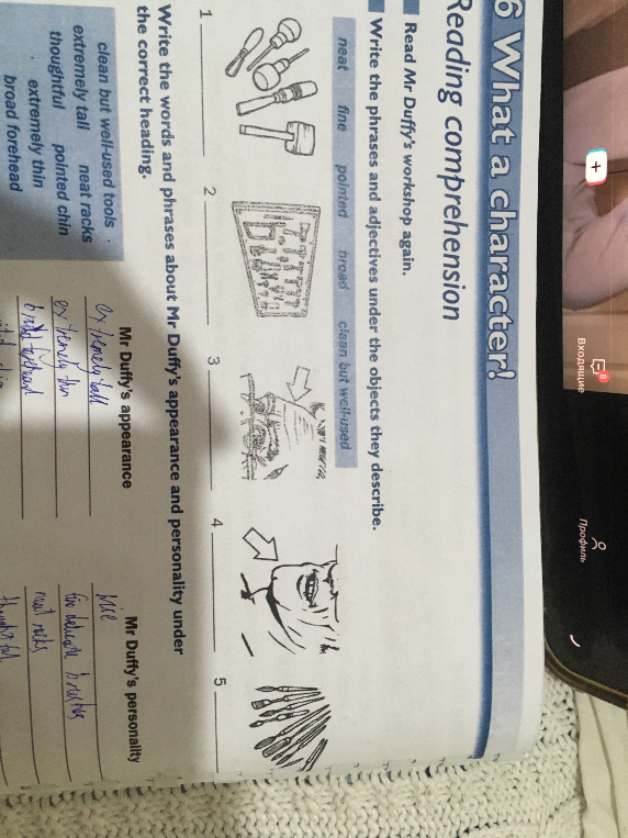 Write the phrases and adjectives under the objects they describe.