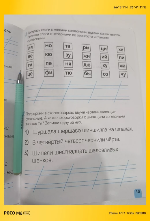 Раскрась слоги с мягкими согласными звуками синим цветом. Выпиши слоги с непарными по звонкости и глухости согласными.