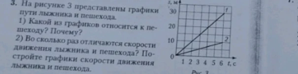 3. На рисунке 3 представлены графики пути лыжника и пешехода. 1) Какой из графиков относится к пешеходу? Почему? 2) Во сколько раз отличаются скорости движения лыжника и пешехода? Постройте графики скорости движения лыжника и пешехода.