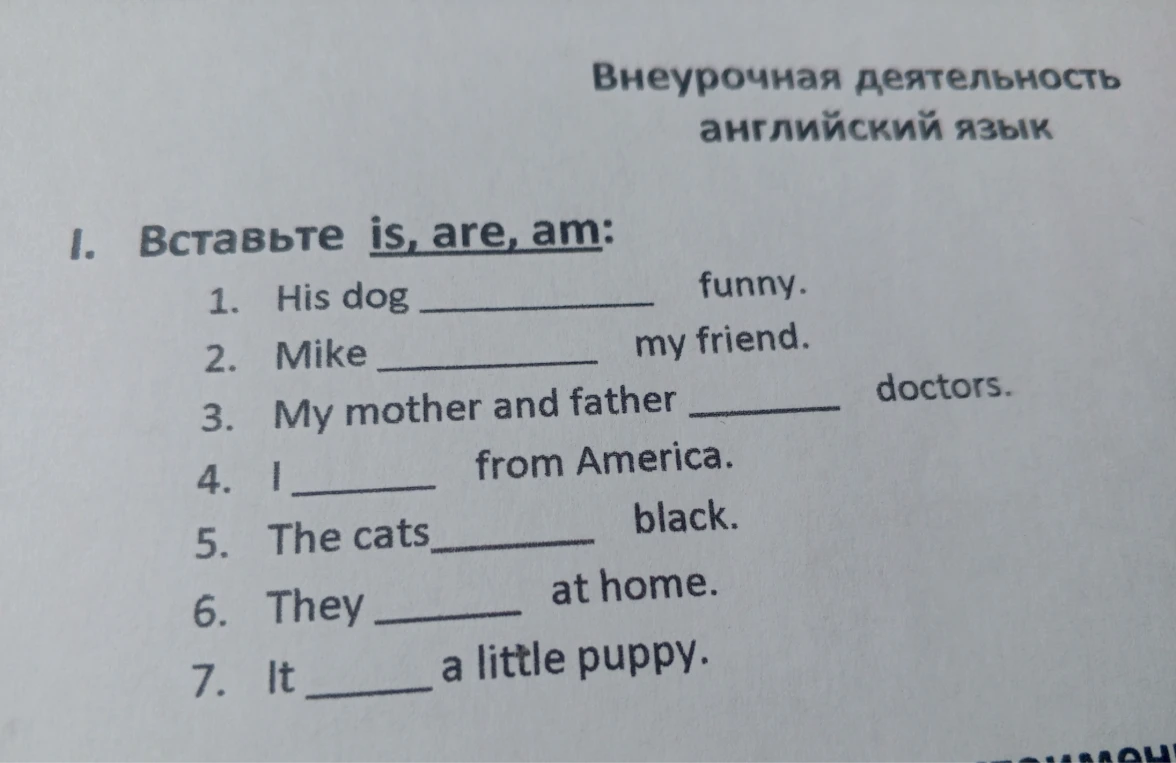 I. Вставьте is, are, am: 1. His dog ________ funny.