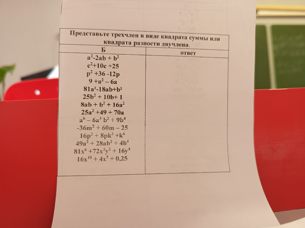 Представьте трехчлен в виде квадрата суммы или квадрата разности двучлена.