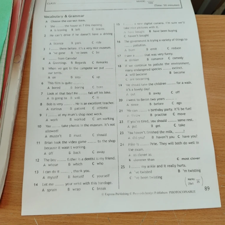 Vocabulary & Grammar A Choose the correct item.