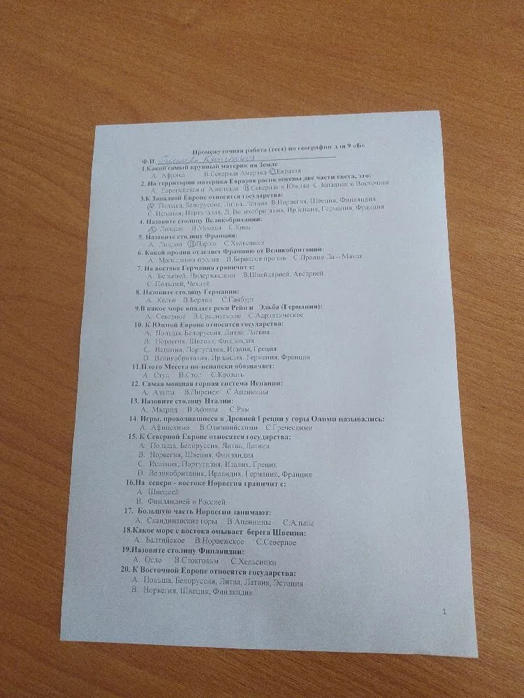 Промежуточная работа (тест) по географии для 9 «Б»