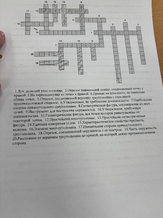 1.Луч, делящий угол пополам. 2.Отрезок наименьшей длины, соединяющий точку с прямой.