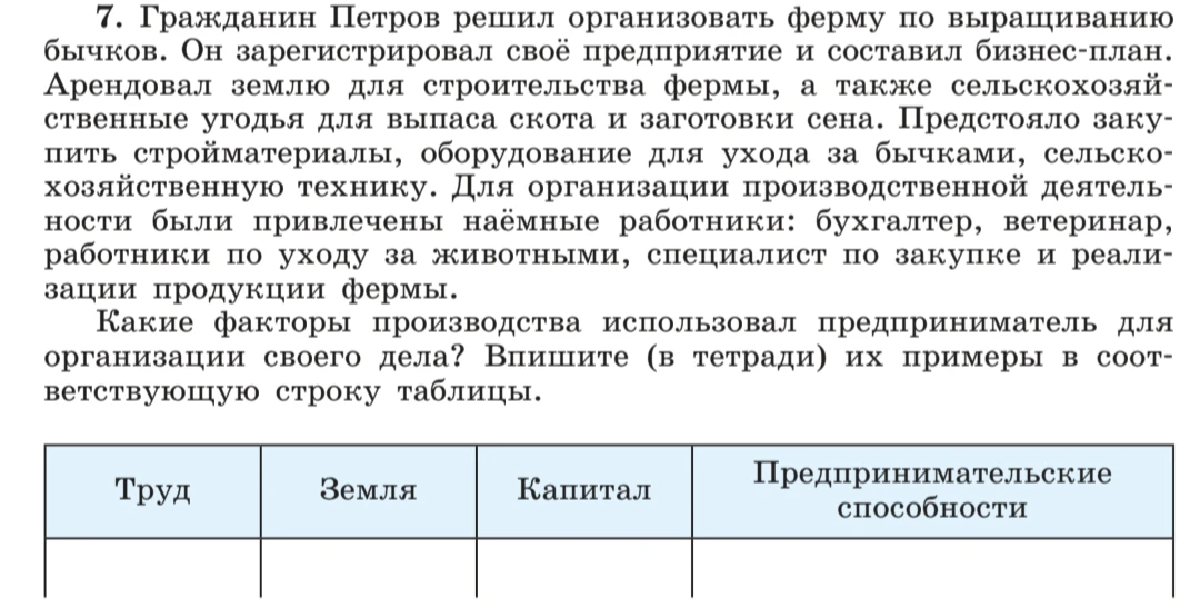 7. Гражданин Петров решил организовать ферму по выращиванию бычков. Он зарегистрировал своё предприятие и составил бизнес-план. Какие факторы производства использовал предприниматель для организации своего дела? Впишите (в тетради) их примеры в соответствующую строку таблицы.