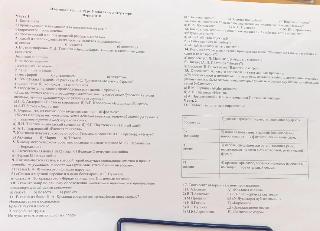 Итоговый тест за курс 5 класса по литературе. Вариант II