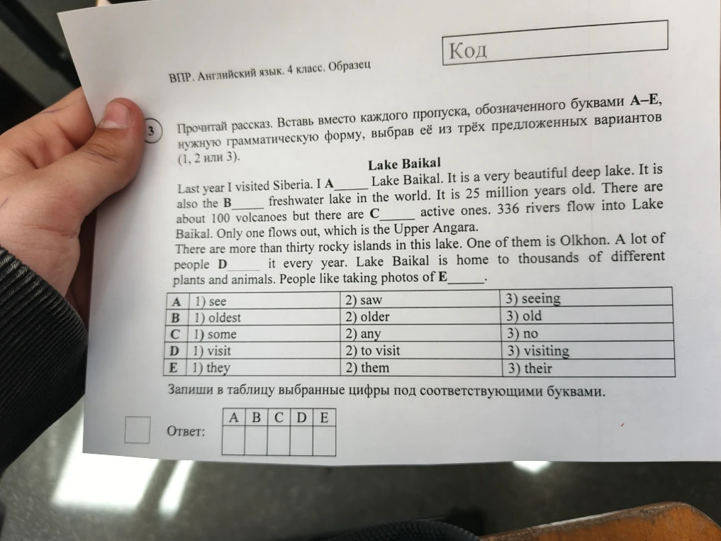 Прочитай рассказ. Вставь вместо каждого пропуска, обозначенного буквами A–E, нужную грамматическую форму, выбрав её из трёх предложенных вариантов (1, 2 или 3).