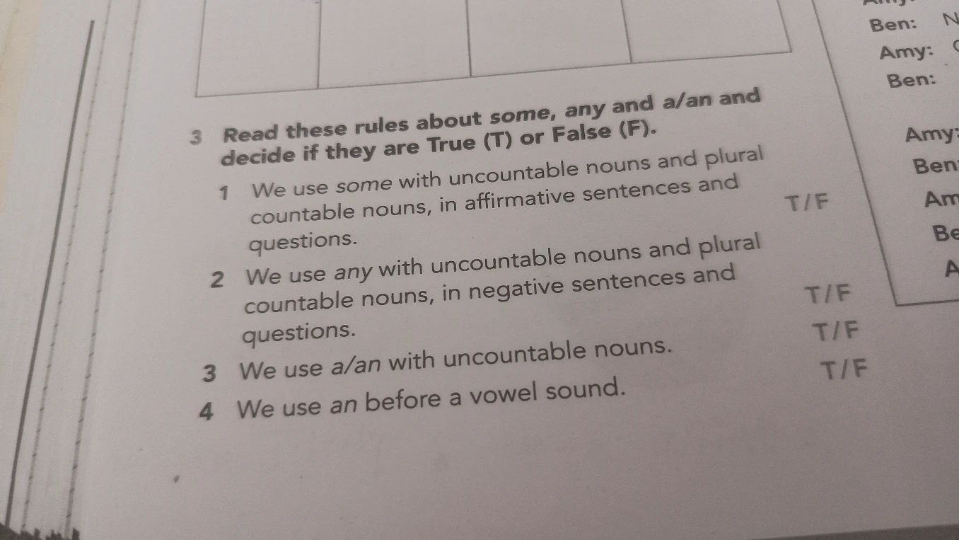 Read these rules about some, any and a/an and decide if they are True (T) or False (F).
