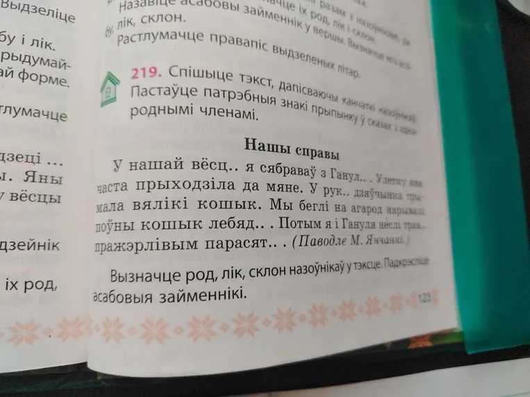 219. Спішыце тэкст, дапісваючы канчаткі назоўнікаў. Пастаўце патрэбныя знакі прыпынку ў сказах з аднароднымі членамі.