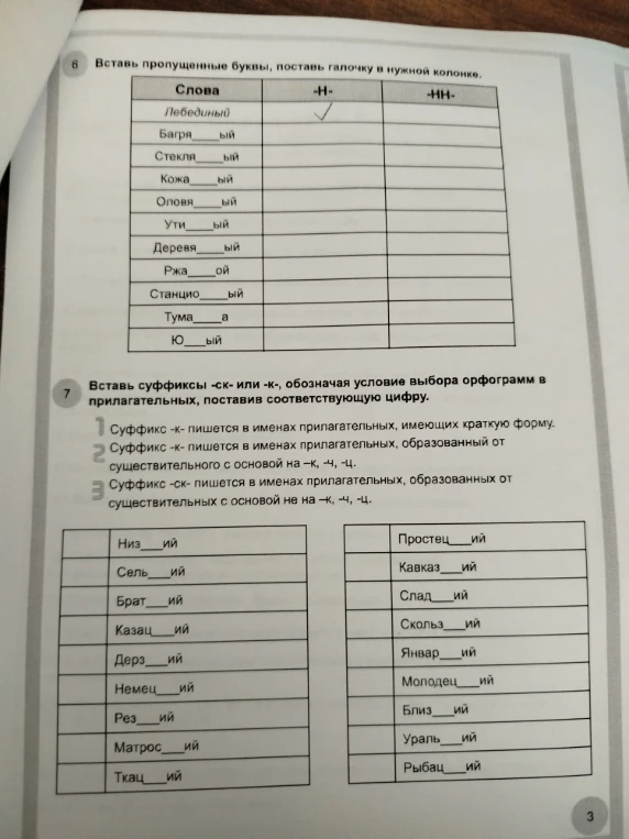 Вставь пропущенные буквы, поставь галочку в нужной колонке.
