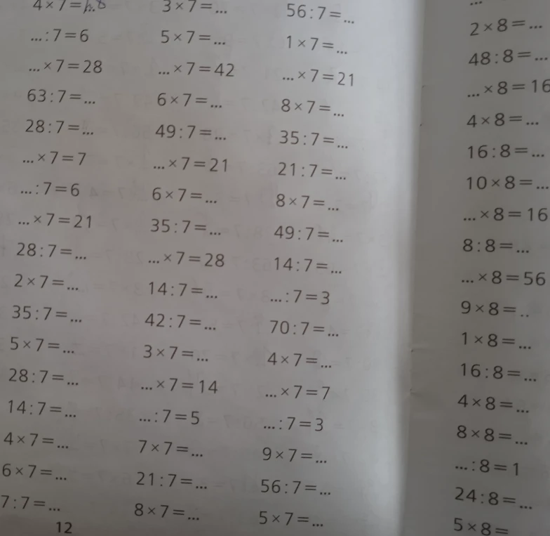 4x7=28 ... 3x7=... 56:7=...