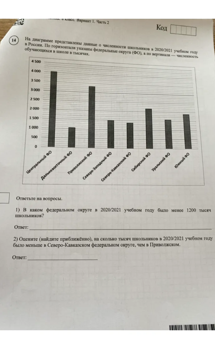 1) В каком федеральном округе в 2020/2021 учебном году было менее 1200 тысяч школьников?