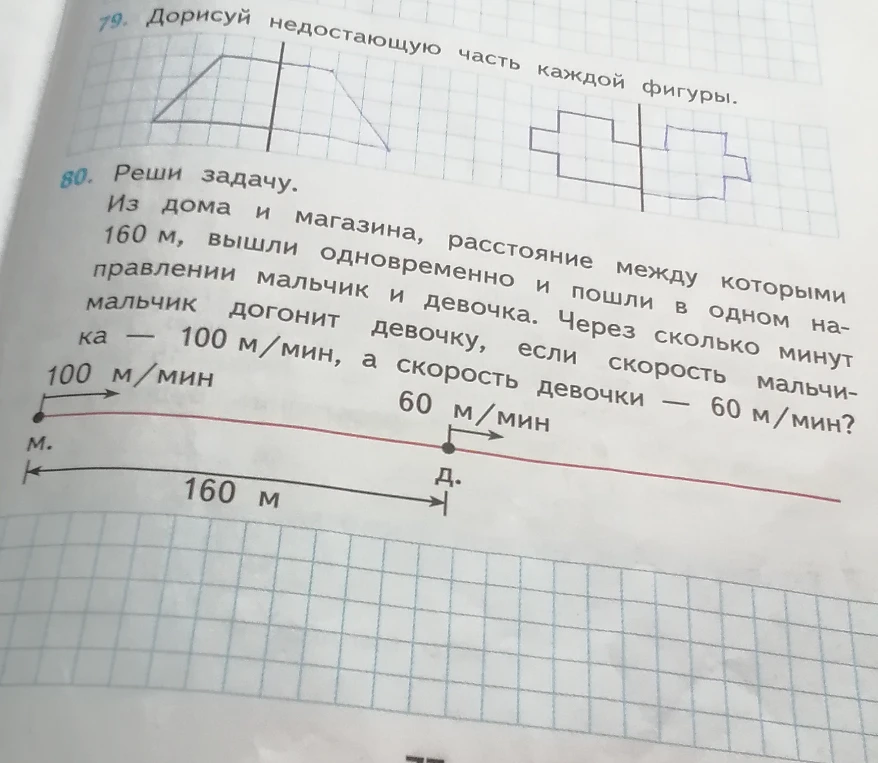 Реши задачу. Из дома и магазина, расстояние между которыми 160 м, вышли одновременно и пошли в одном направлении мальчик и девочка. Через сколько минут мальчик догонит девочку, если скорость мальчика — 100 м/мин, а скорость девочки — 60 м/мин?