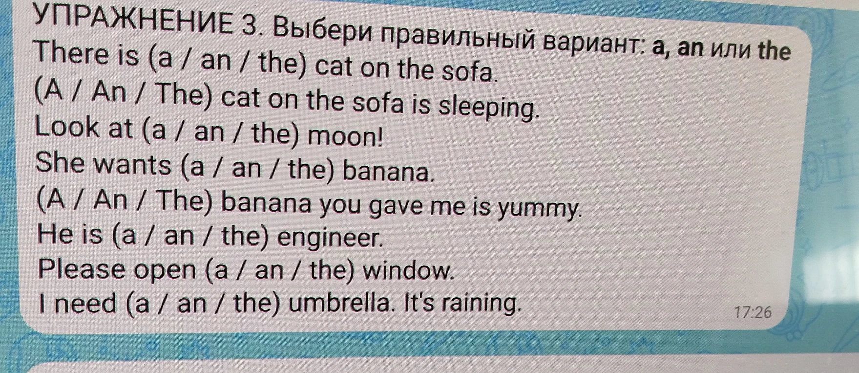 УПРАЖНЕНИЕ 3. Выбери правильный вариант: a, an или the