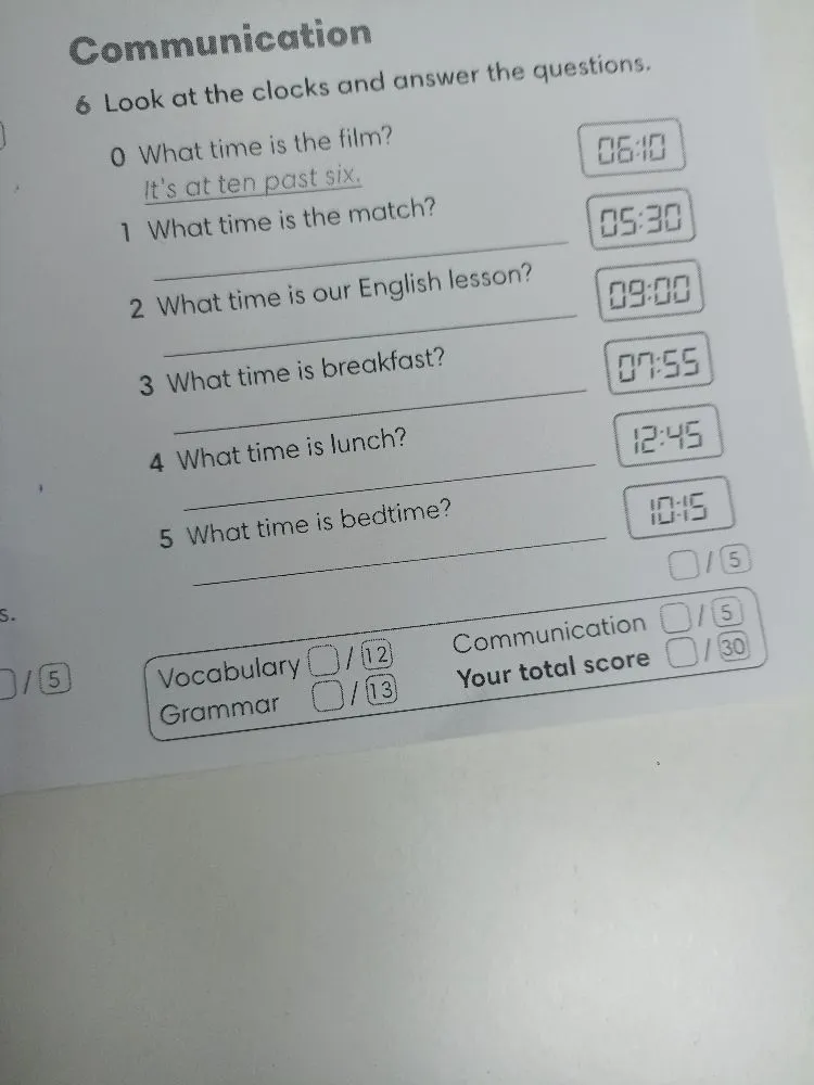 Look at the clocks and answer the questions.