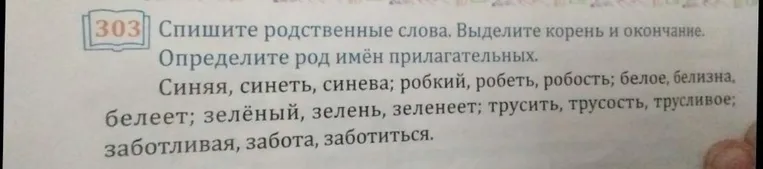 Спишите родственные слова. Выделите корень и окончание. Определите род имён прилагательных.