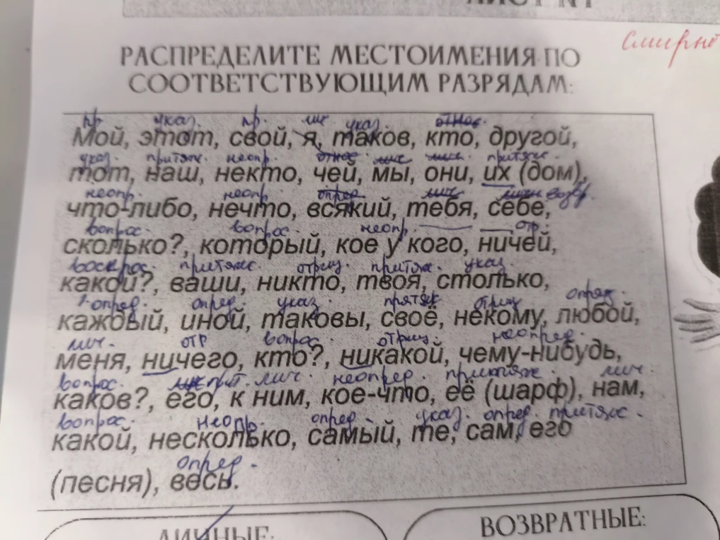 РАСПРЕДЕЛИТЕ МЕСТОИМЕНИЯ ПО СООТВЕТСТВУЮЩИМ РАЗРЯДАМ: