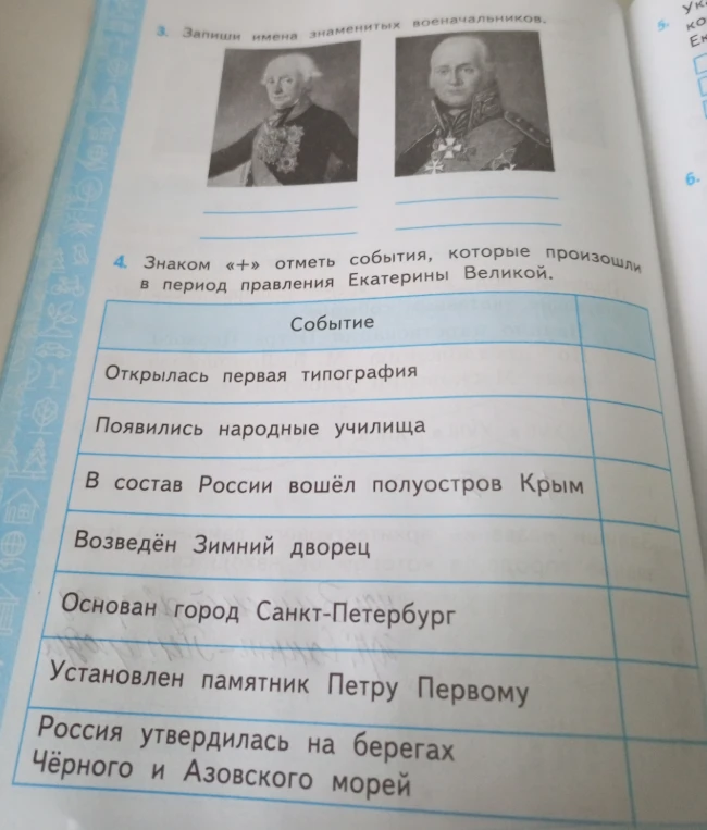Запиши имена знаменитых военачальников. Знаком «+» отметь события, которые произошли в период правления Екатерины Великой.