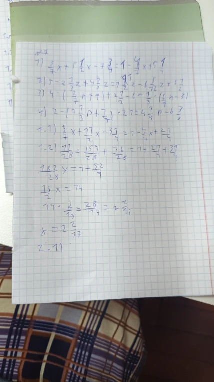 7) 3/7 x + 5 1/2 x - 7 3/4 = 1 - 4/7 x + 5 1/4
