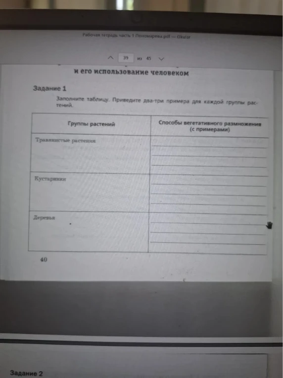 Заполните таблицу. Приведите два-три примера для каждой группы растений.