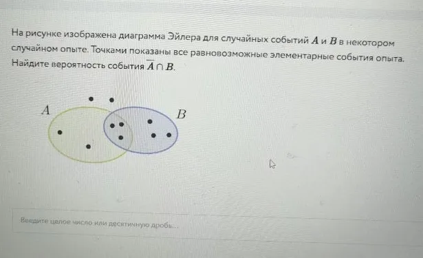 На рисунке изображена диаграмма Эйлера для случайных событий A и B в некотором случайном опыте. Точками показаны все равновозможные элементарные события опыта. Найдите вероятность события А(черта) пересечение B.