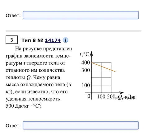 На рисунке представлен график зависимости температуры t твердого тела от отданного им количества теплоты Q. Чему равна масса охлаждаемого тела (в кг), если известно, что его удельная теплоемкость 500 Дж/кг · °С?