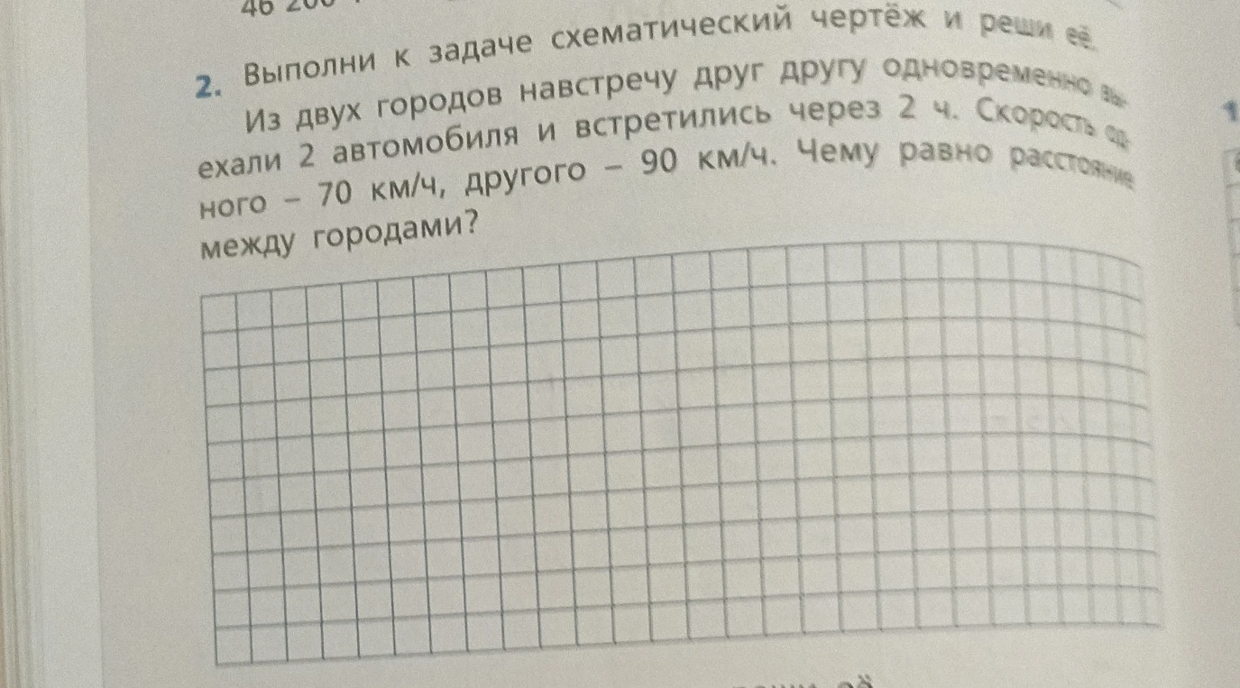 Выполни к задаче схематический чертёж и реши её. Из двух городов навстречу друг другу одновременно выехали 2 автомобиля и встретились через 2 ч. Скорость одного - 70 км/ч, другого - 90 км/ч. Чему равно расстояние между городами?