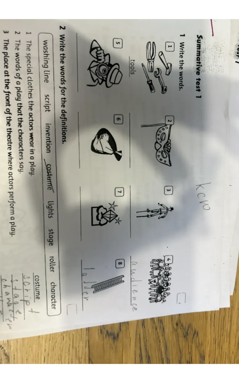 Write the words for the definitions. 1 The special clothes the actors wear in a play.