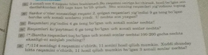 3 xonali son 6 raqami bilan boshlanadi. Bu raqamni oxiriga ko‘chirsak, hosil bo‘lgan son dastlabkisidan 459 taga kam bo‘lib qoladi. Shu sonning raqamlari yig‘indisini toping.