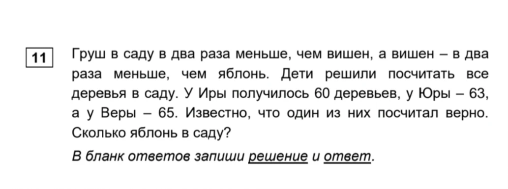 Груш в саду в два раза меньше, чем вишен, а вишен – в два раза меньше, чем яблонь. Дети решили посчитать все деревья в саду. У Иры получилось 60 деревьев, у Юры – 63, а у Веры – 65. Известно, что один из них посчитал верно. Сколько яблонь в саду?
