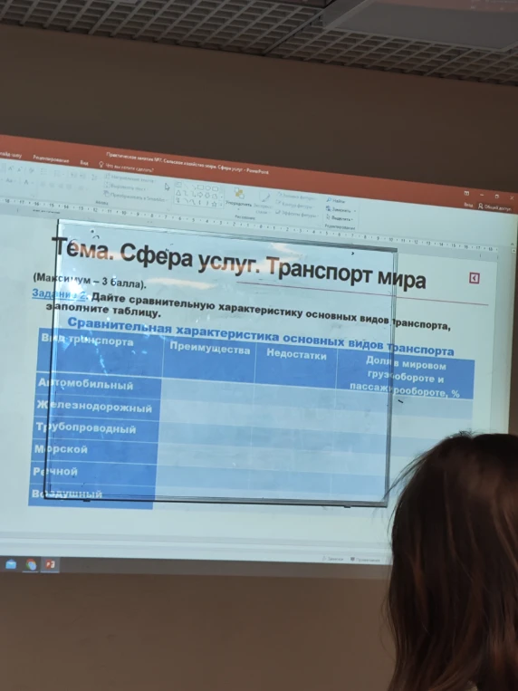 Задание 2. Дайте сравнительную характеристику основных видов транспорта, заполните таблицу.