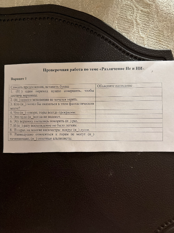 Проверочная работа по теме «Различение Не и НИ». Вариант 1. Списать предложения, вставить буквы. Объясните написание.
