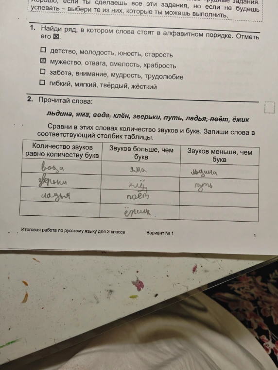 1. Найди ряд, в котором слова стоят в алфавитном порядке. 2. Сравни в этих словах количество звуков и букв. Запиши слова в соответствующий столбик таблицы.