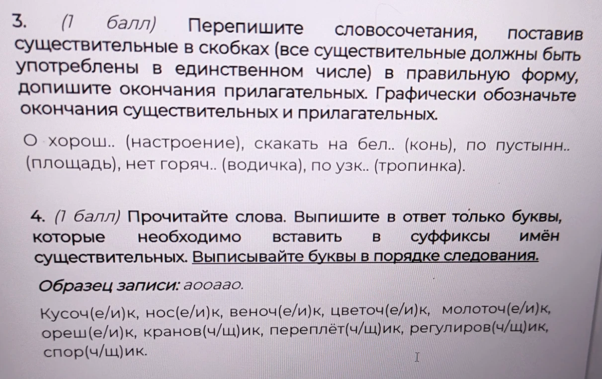 3. (1 балл) Перепишите словосочетания, поставив существительные в скобках (все существительные должны быть употреблены в единственном числе) в правильную форму, допишите окончания прилагательных. Графически обозначьте окончания существительных и прилагательных.
