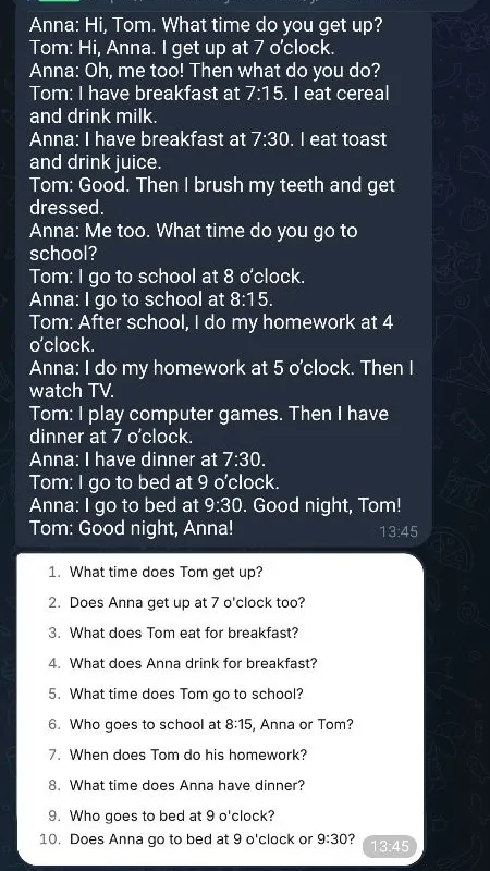1. What time does Tom get up?