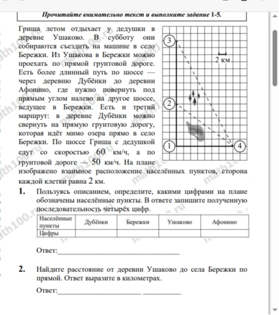 Пользуясь описанием, определите, какими цифрами на плане обозначены населённые пункты. В ответе запишите полученную последовательность четырёх цифр.