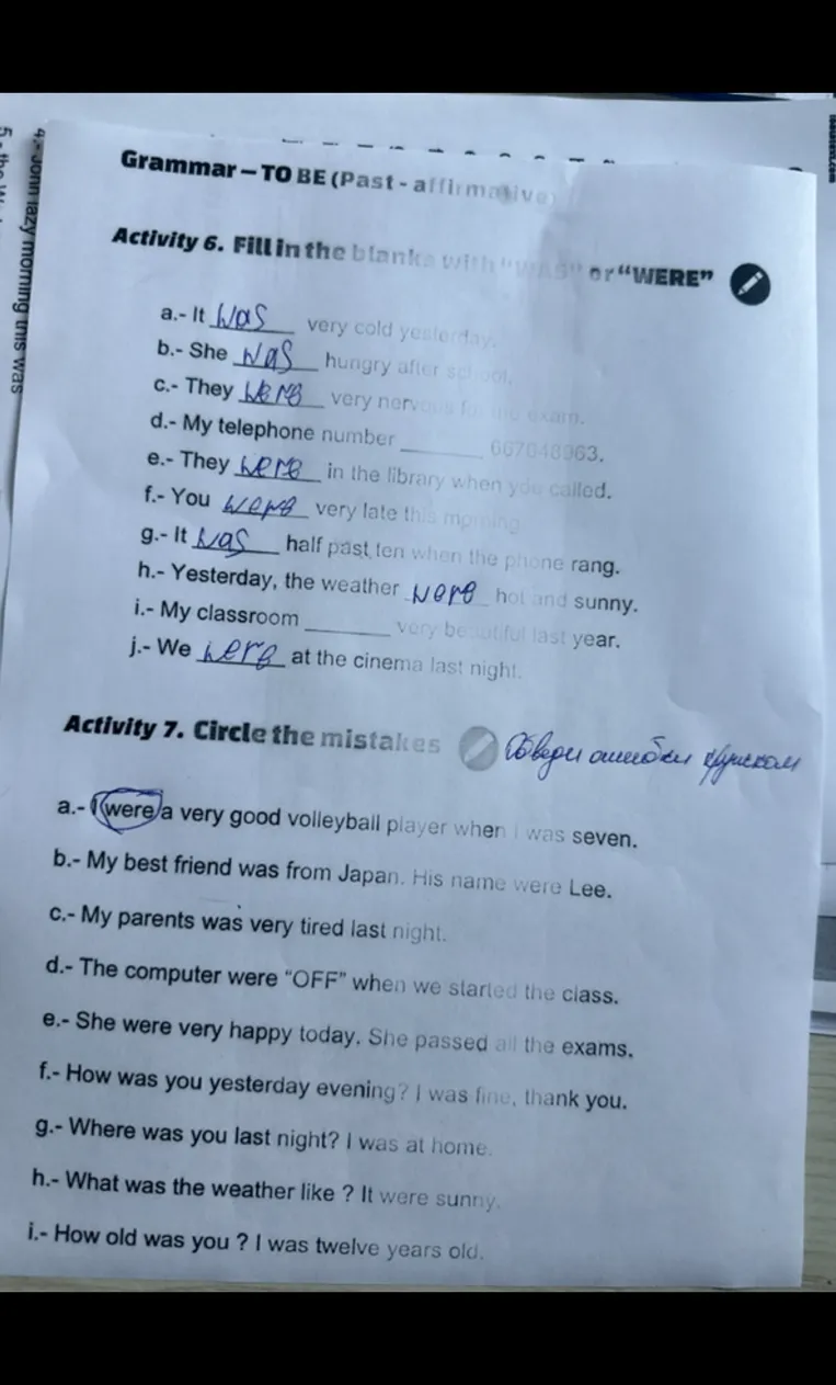 Activity 6. Fill in the blanks with "WAS" or "WERE"