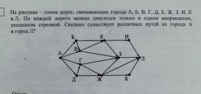 На рисунке – схема дорог, связывающих города А, Б, В, Г, Д, Е, Ж, З, И, К и Л. По каждой дороге можно двигаться только в одном направлении, указанном стрелкой. Сколько существует различных путей из города А в город Л?