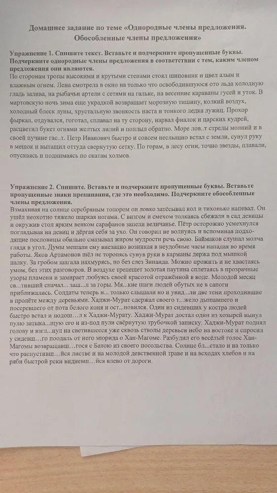 Домашнее задание по теме «Однородные члены предложения. Обособленные члены предложения»