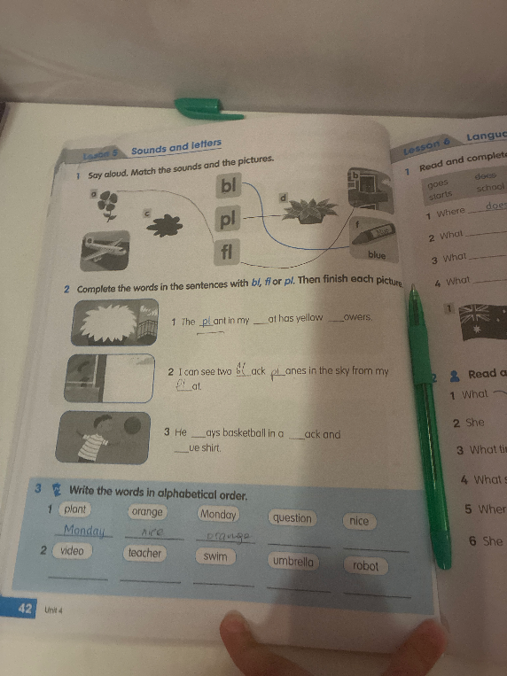 Complete the words in the sentences with bl, fl or pl. Then finish each picture.