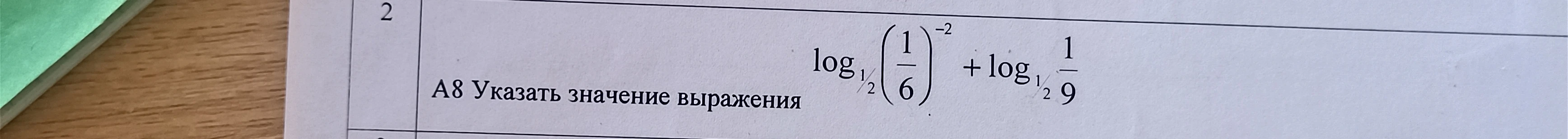 А8 Указать значение выражения $\log_{1/2} (\frac{1}{6})^{-2} + \log_{1/2} \frac{1}{9}$