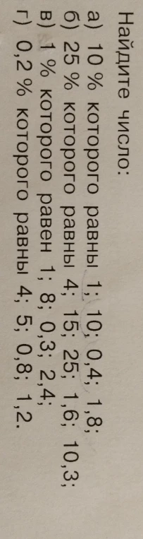 Найдите число: а) 10% которого равны 1; 10; 0,4; 1,8; б) 25% которого равны 4; 15; 25; 1,6; 10,3; в) 1% которого равен 1; 8; 0,3; 2,4; г) 0,2% которого равны 4; 5; 0,8; 1,2.