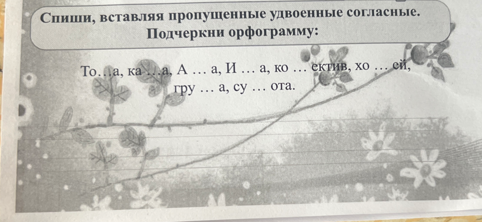 Спиши, вставляя пропущенные удвоенные согласные. Подчеркни орфограмму: